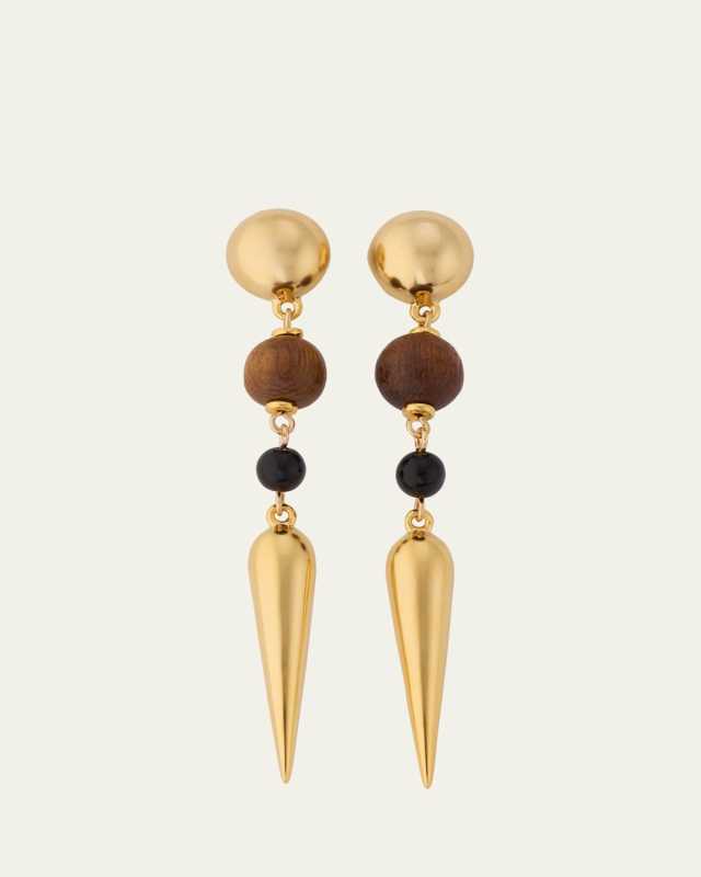 Gold Plated Ball and Tear Drop Post Earrings with Wood Ball and Black Stone, 3"L